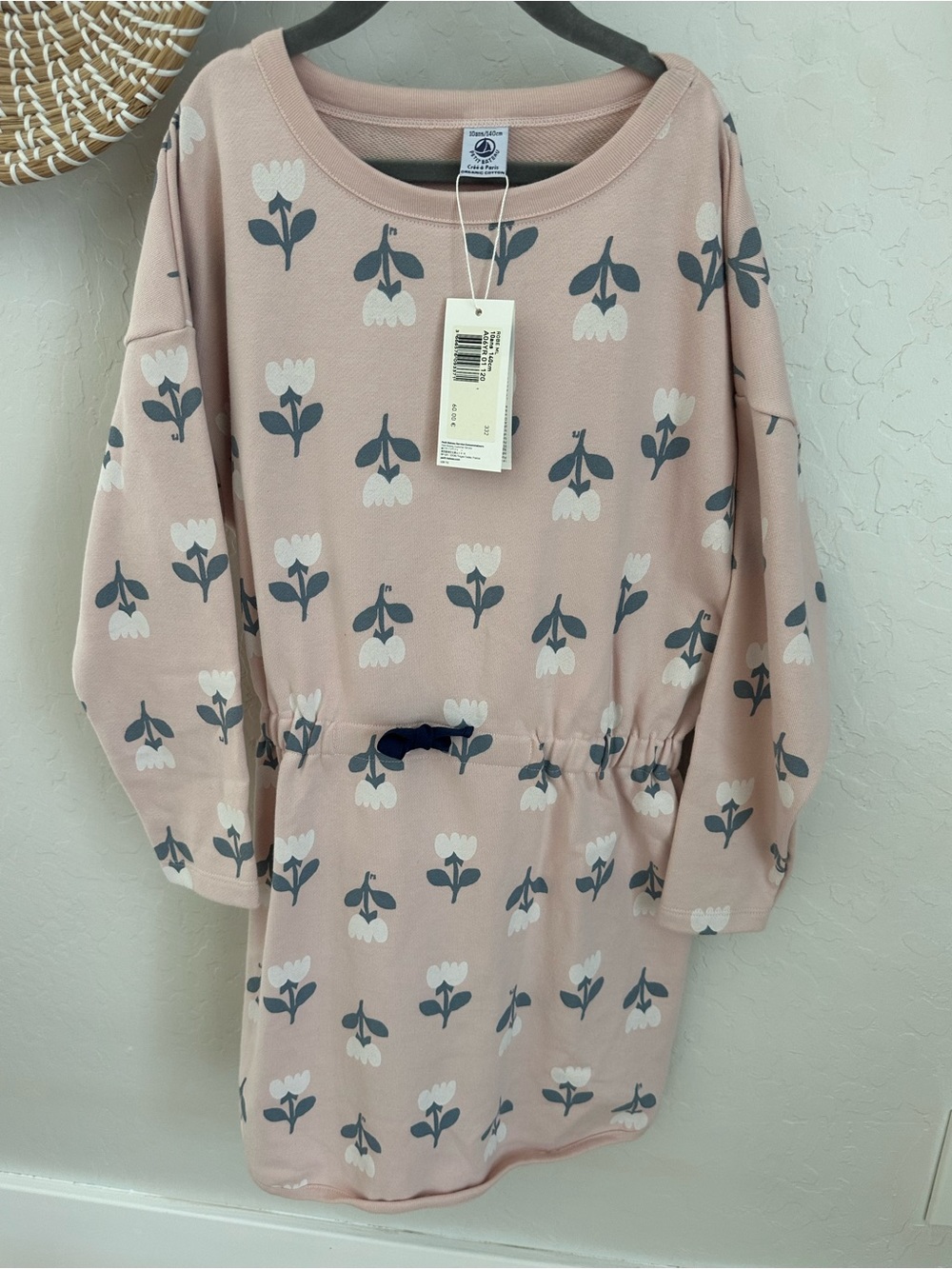 Petit Bateau Girls Floral Drawstring Sweatshirt Dress. Size 10